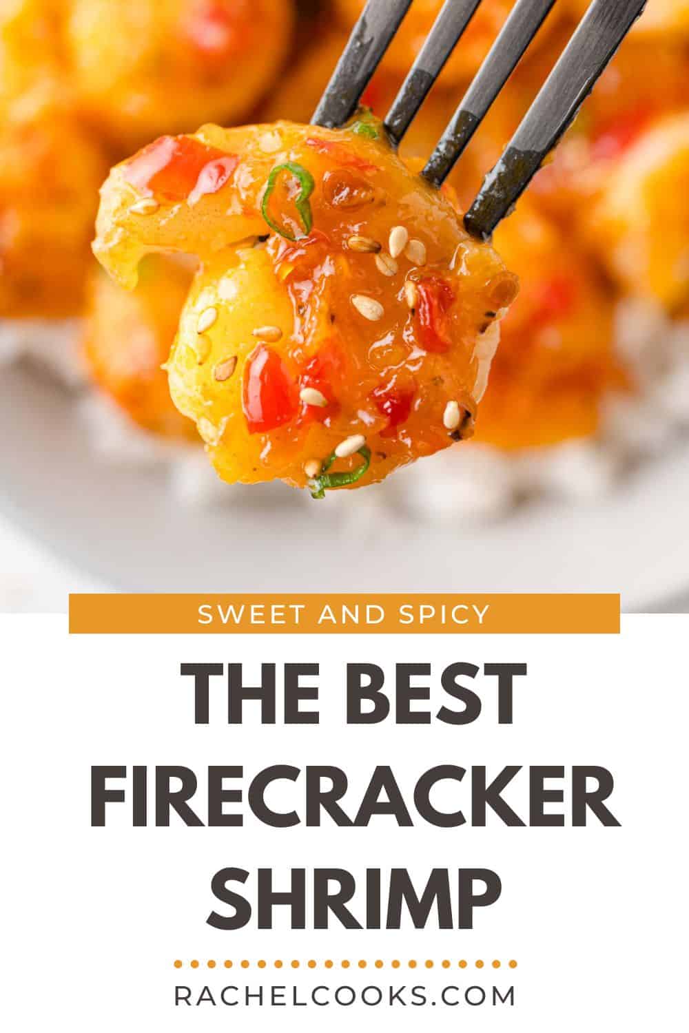 Firecracker Shrimp Pinterest graphic with text and photos.