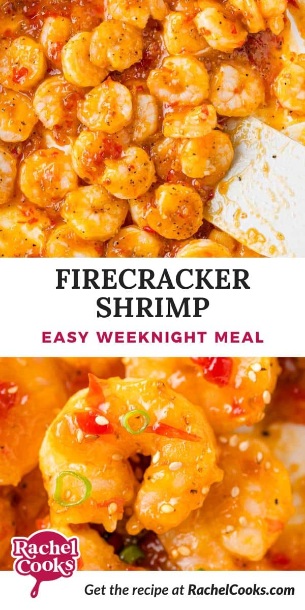 Firecracker Shrimp Pinterest graphic with text and photos.
