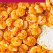 Firecracker Shrimp Pinterest graphic with text and photos.