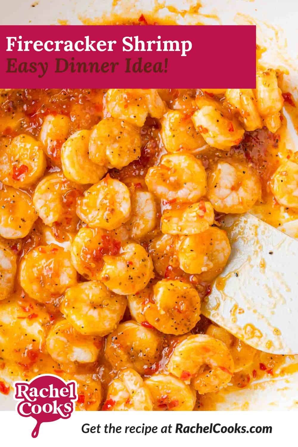 Firecracker Shrimp Pinterest graphic with text and photos.