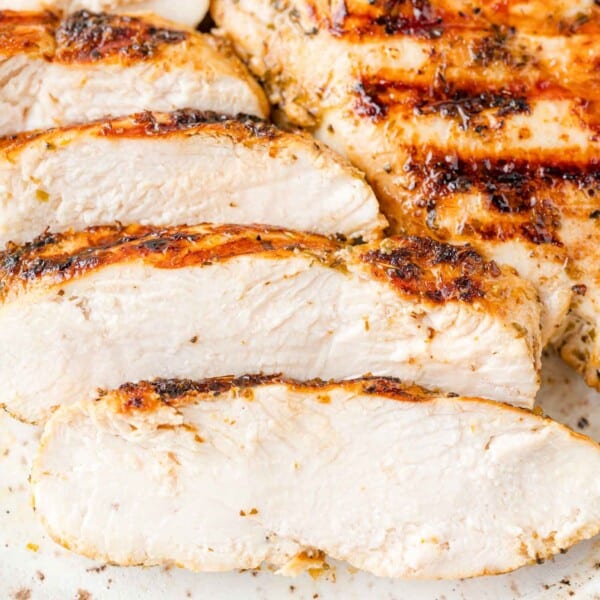Chicken marinated in Greek Chicken marinade, grilled and cut into sliced.