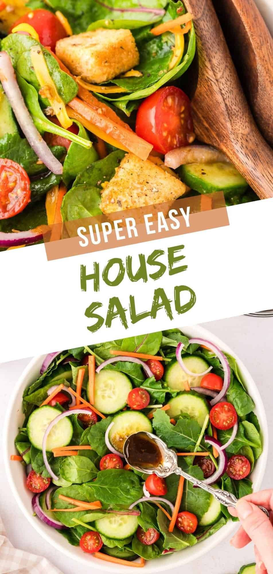 House Salad Pinterest graphic with text and photos.