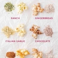 Six types of popcorn seasoning, labeled with their names.