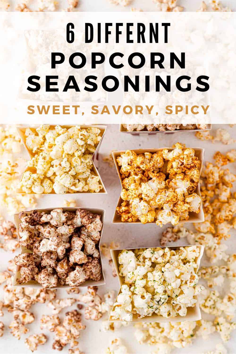 Popcorn Seasoning Pinterest graphic with text and photos.