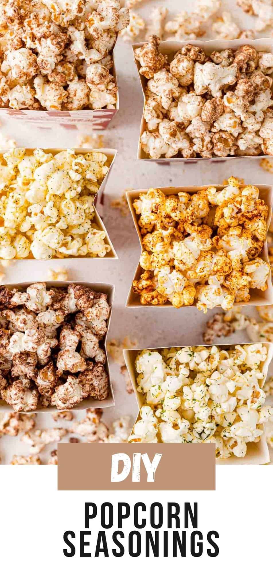 Popcorn Seasoning Pinterest graphic with text and photos.