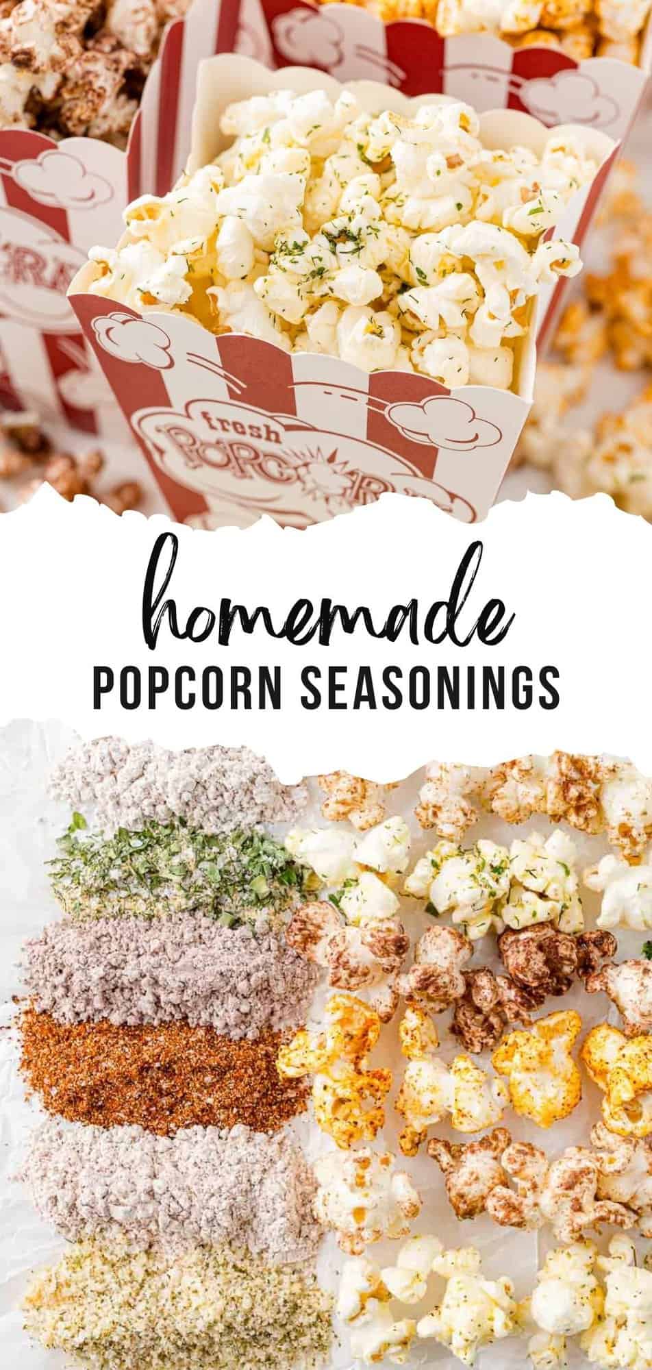 Popcorn Seasoning Pinterest graphic with text and photos.