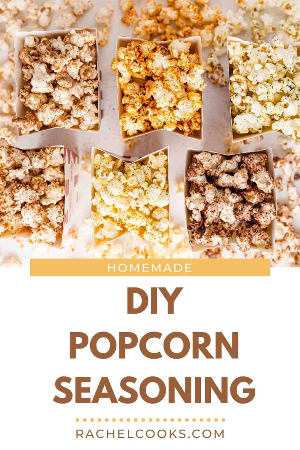 Popcorn Seasoning Pinterest graphic with text and photos.