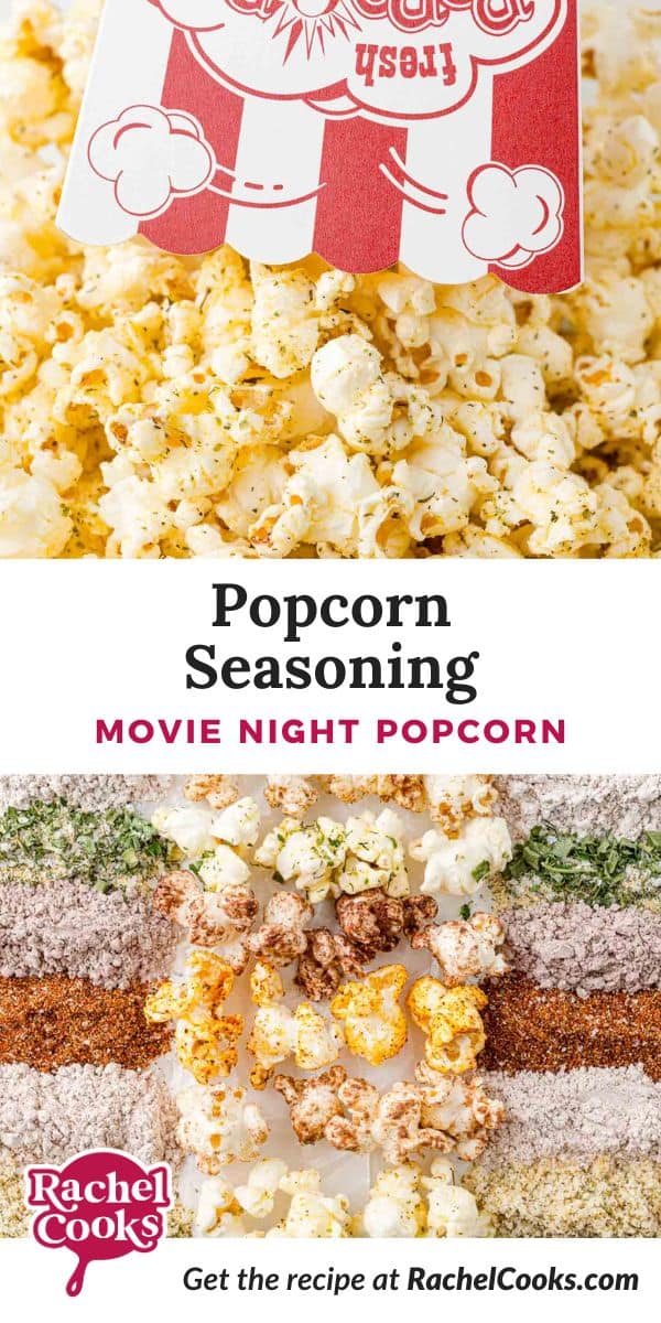 Popcorn Seasoning Pinterest graphic with text and photos.