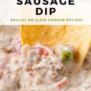 Sausage Dip Pinterest graphic with text and photos.