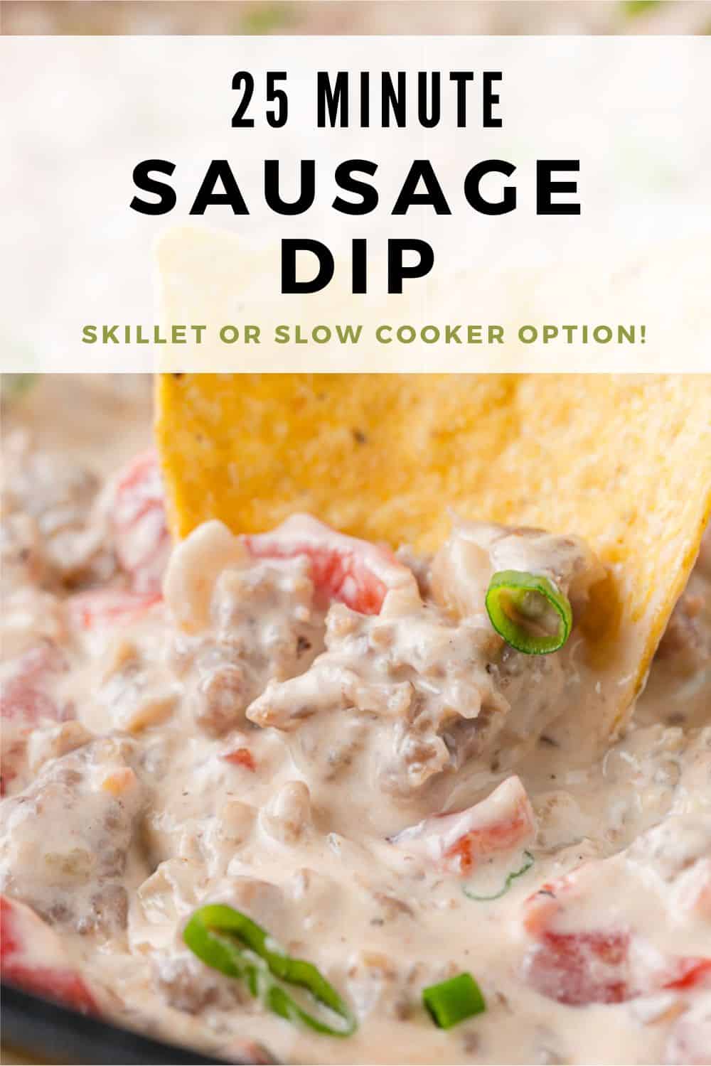 Sausage Dip Pinterest graphic with text and photos.