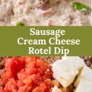 Sausage Dip Pinterest graphic with text and photos.