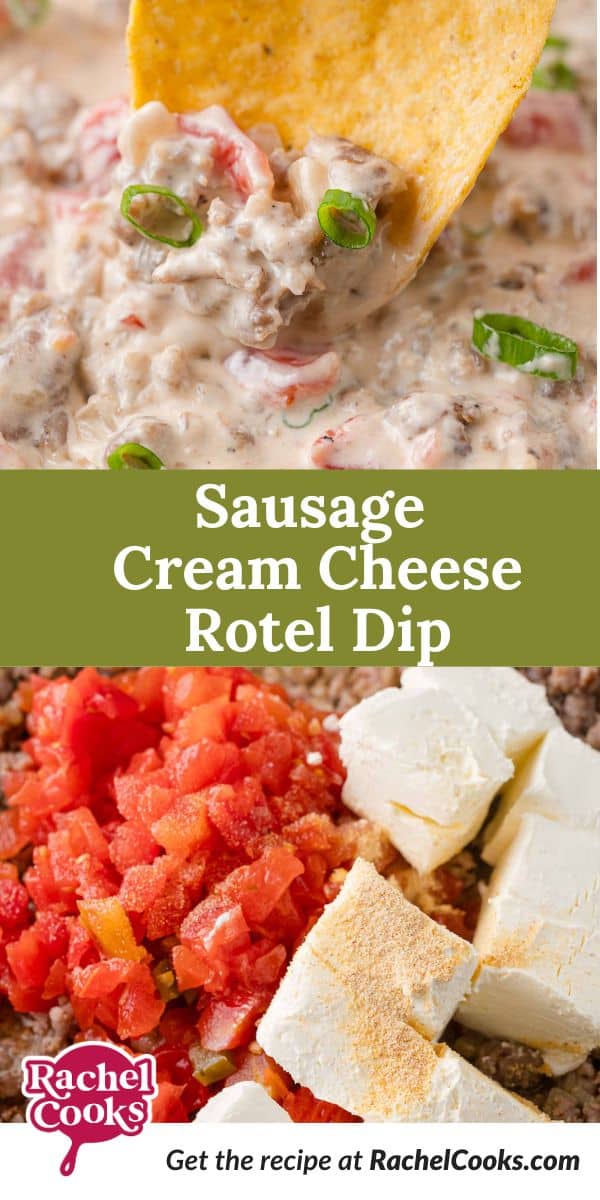 Sausage Dip Pinterest graphic with text and photos.