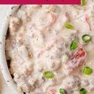 Sausage Dip Pinterest graphic with text and photos.