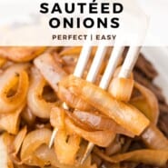 Sautéed Onions Pinterest graphic with text and photos.
