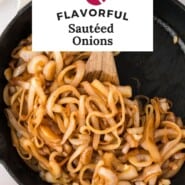 Sautéed Onions Pinterest graphic with text and photos.