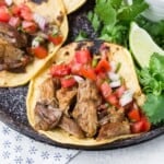 Carnitas on a corn tortilla with pico de gallo.