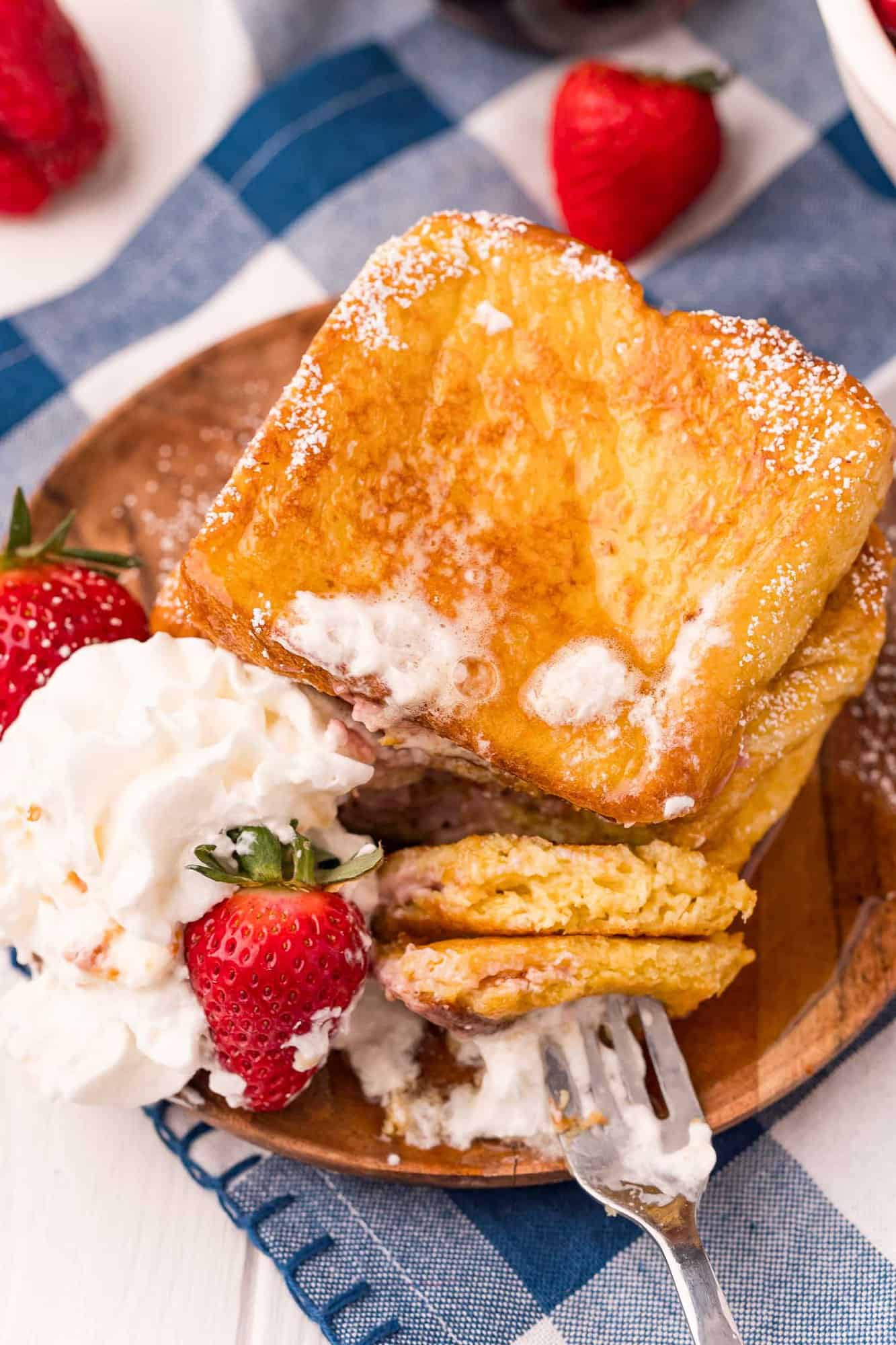 French toast, cut to show filling.