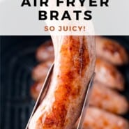 Air Fryer Brats Pinterest graphic with text and photos.