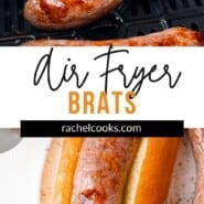 Air Fryer Brats Pinterest graphic with text and photos.