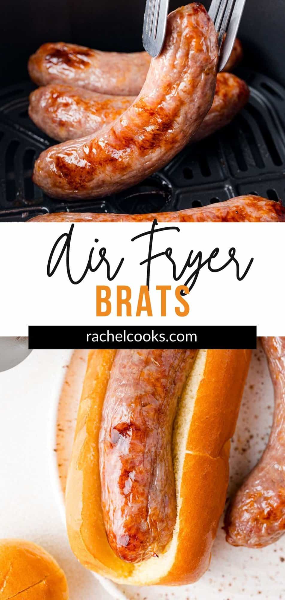 Air Fryer Brats Pinterest graphic with text and photos.
