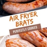 Air Fryer Brats Pinterest graphic with text and photos.