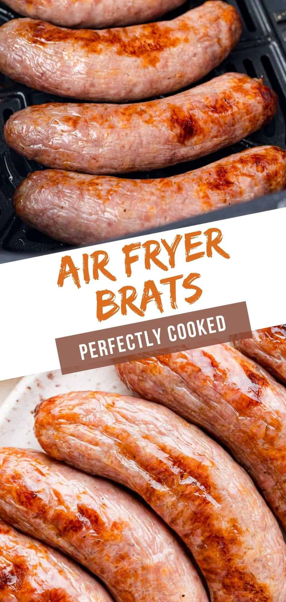Air Fryer Brats Pinterest graphic with text and photos.