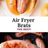 Air Fryer Brats Pinterest graphic with text and photos.
