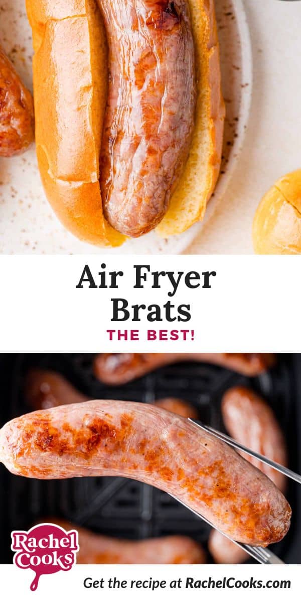Air Fryer Brats Pinterest graphic with text and photos.