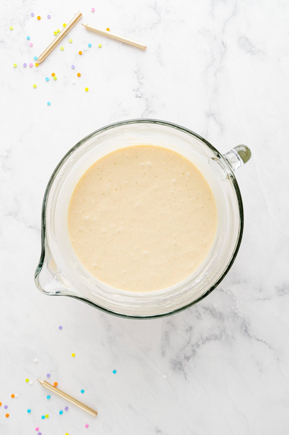 Pancake batter in mixing bowl, sprinkles not yet added.