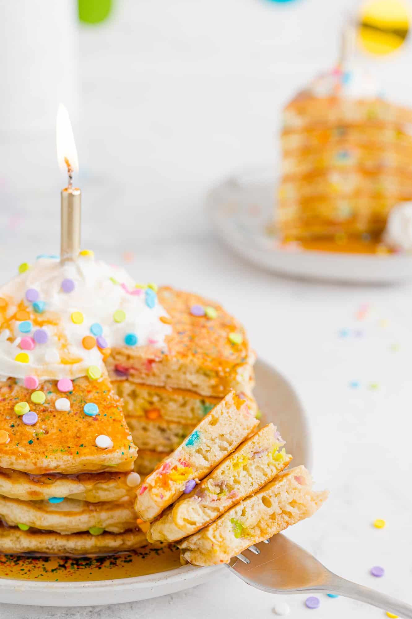 Birthday cake pancakes, cut to show internal texture.
