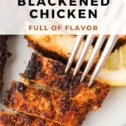 Blackened Chicken Pinterest graphic with text and photos.