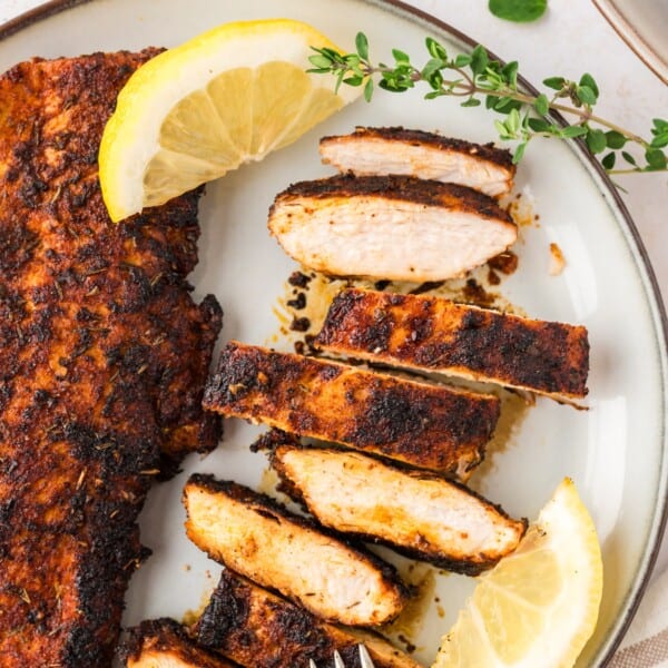 Blackened chicken, cut into slices.