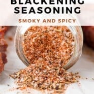 Blackening Seasoning Pinterest graphic with text and photos.