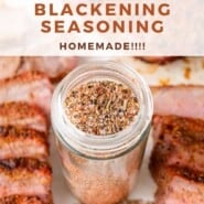 Blackening Seasoning Pinterest graphic with text and photos.