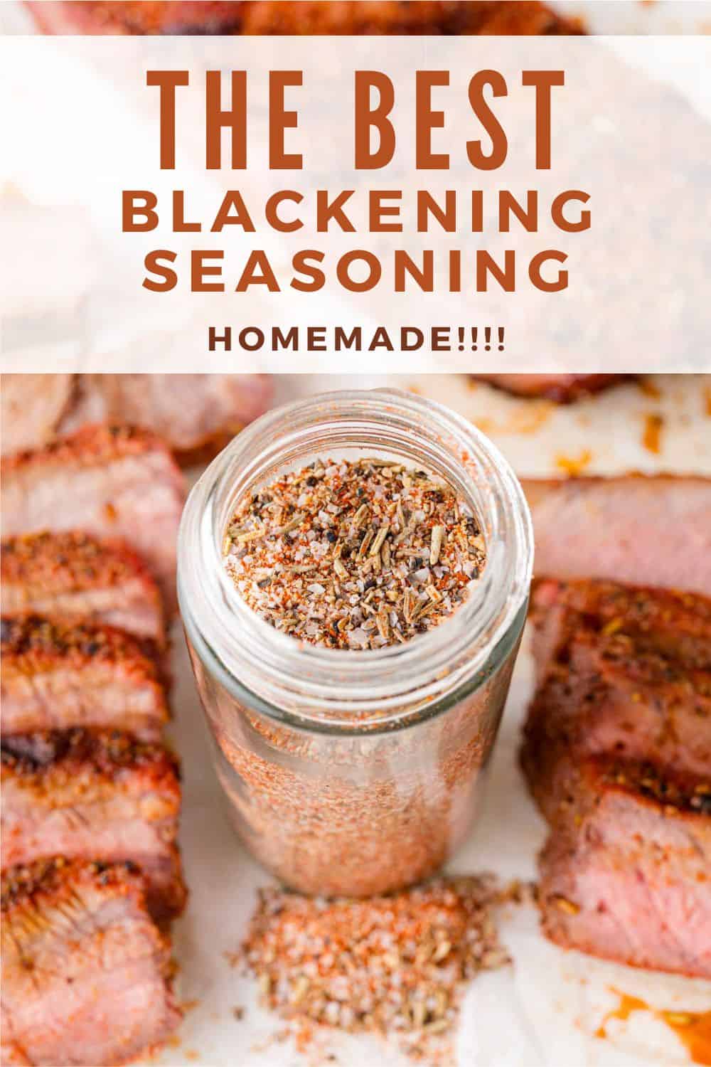 Blackening Seasoning Pinterest graphic with text and photos.