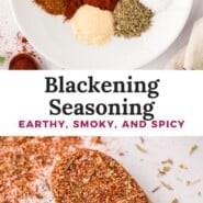 Blackening Seasoning Pinterest graphic with text and photos.