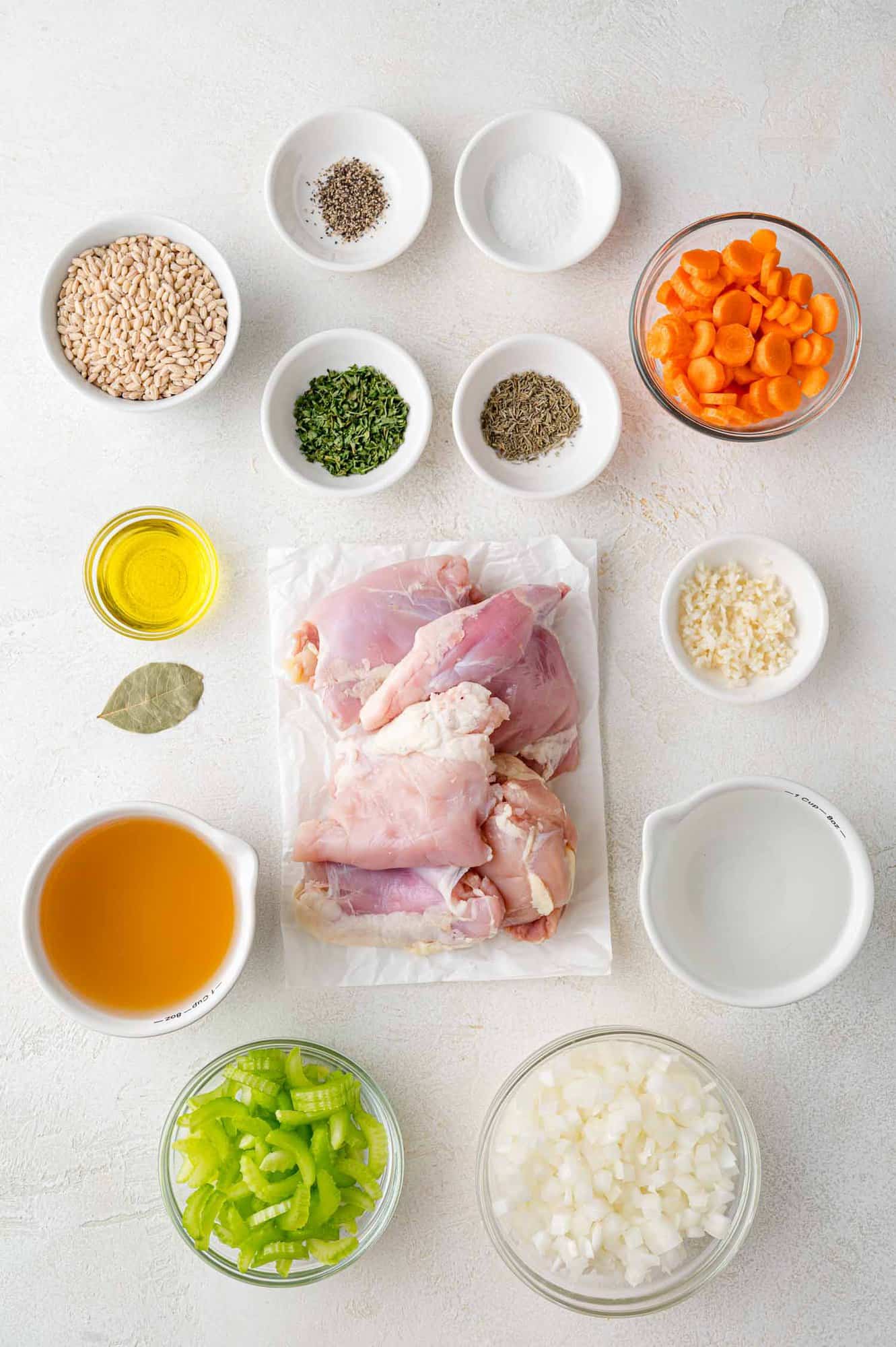 Overhead view of ingredients needed for soup.