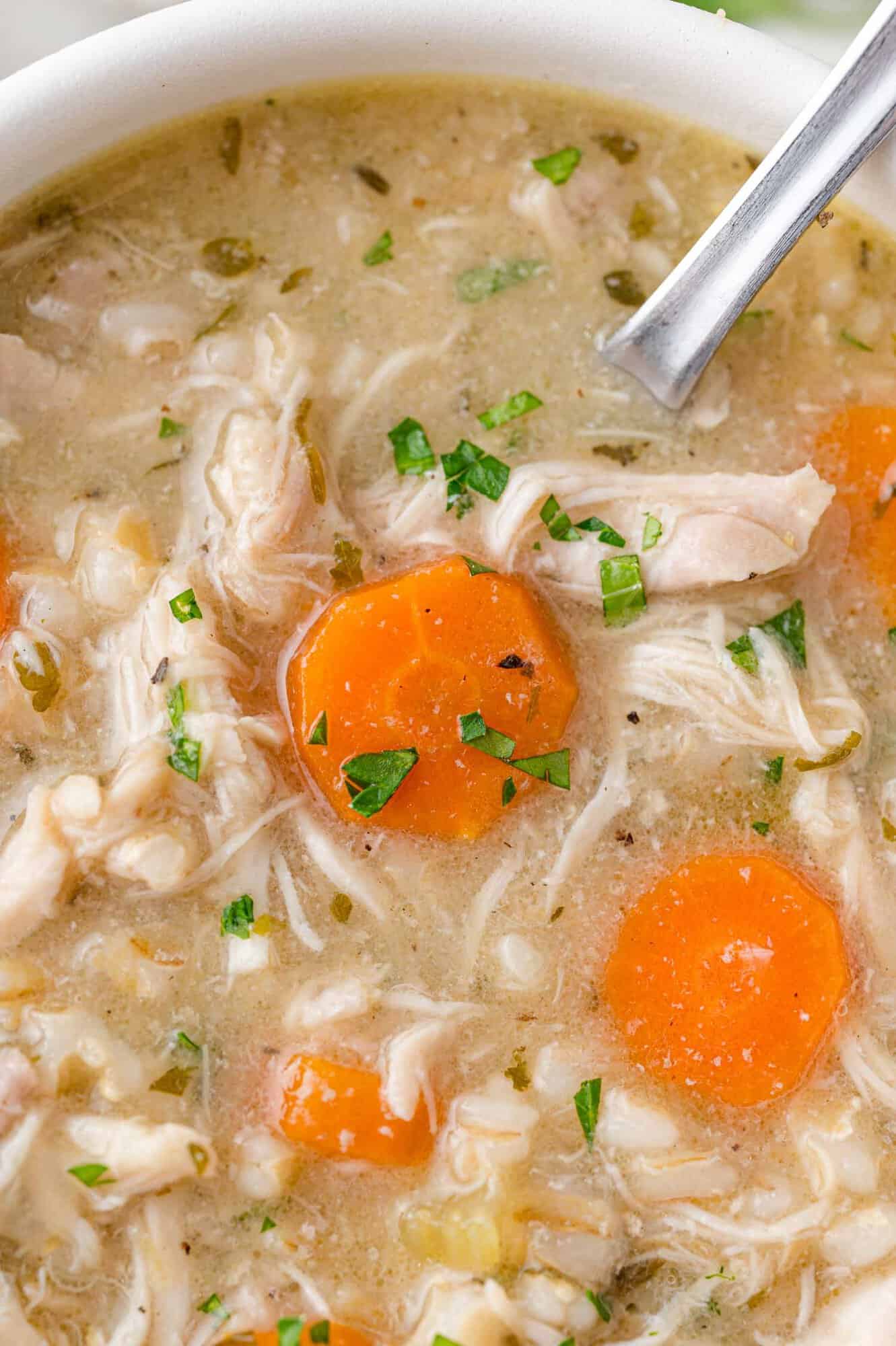 Chicken barley soup in a bowl with a spoon.