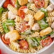 Chicken Caesar Pasta Salad Pinterest graphic with text and photos.