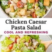 Chicken Caesar Pasta Salad Pinterest graphic with text and photos.