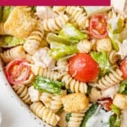 Chicken Caesar Pasta Salad Pinterest graphic with text and photos.