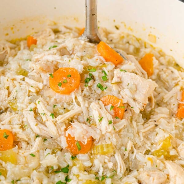 Close up of chicken rice soup on a ladle.