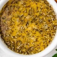 Chicken Thigh Marinade Pinterest graphic with text and photos.