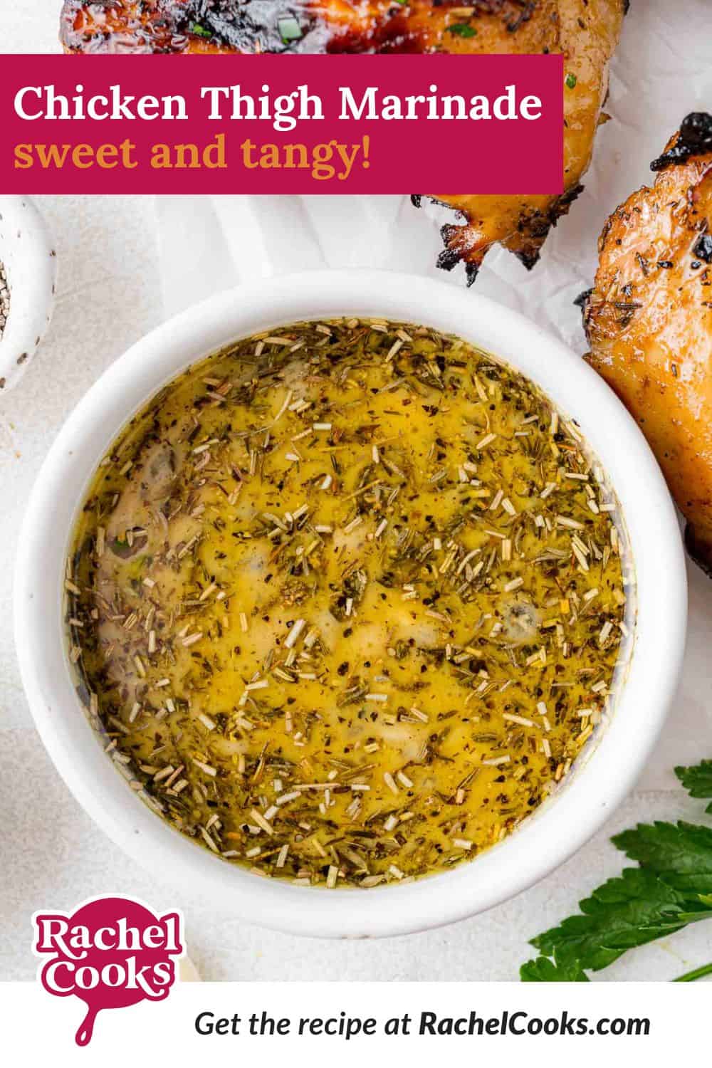 Chicken Thigh Marinade Pinterest graphic with text and photos.