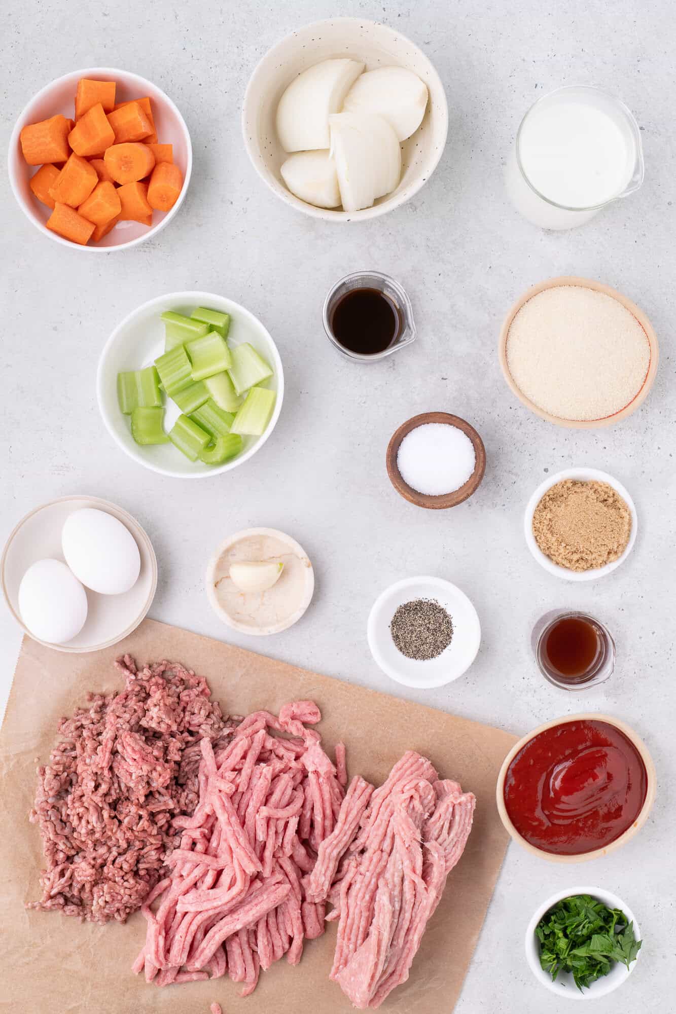 Overhead view of ingredients needed for classic meatloaf.