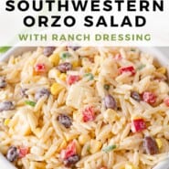 Creamy Southwestern Orzo Pinterest graphic with text and photos.