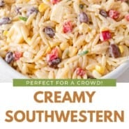 Creamy Southwestern Orzo Pinterest graphic with text and photos.