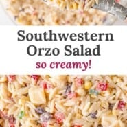 Creamy Southwestern Orzo Pinterest graphic with text and photos.