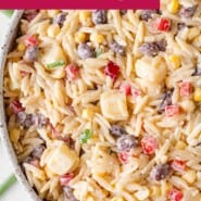 Creamy Southwestern Orzo Pinterest graphic with text and photos.