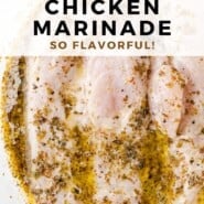 Greek Chicken Marinade Pinterest graphic with text and photos.